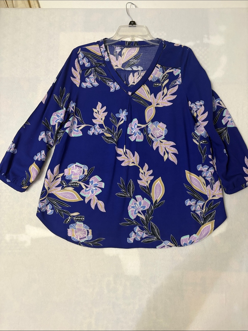 St. John's Bay Royal Blue Floral V-Neck Blouse SIZE MEDIUM